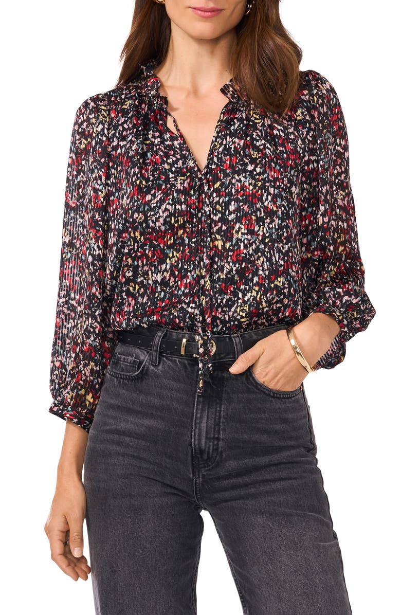 Vince Camuto Abstract Print Plissé Split Neck Top, Main, color, Rich Black