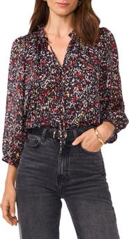 Vince Camuto Abstract Print Plissé Split Neck Top