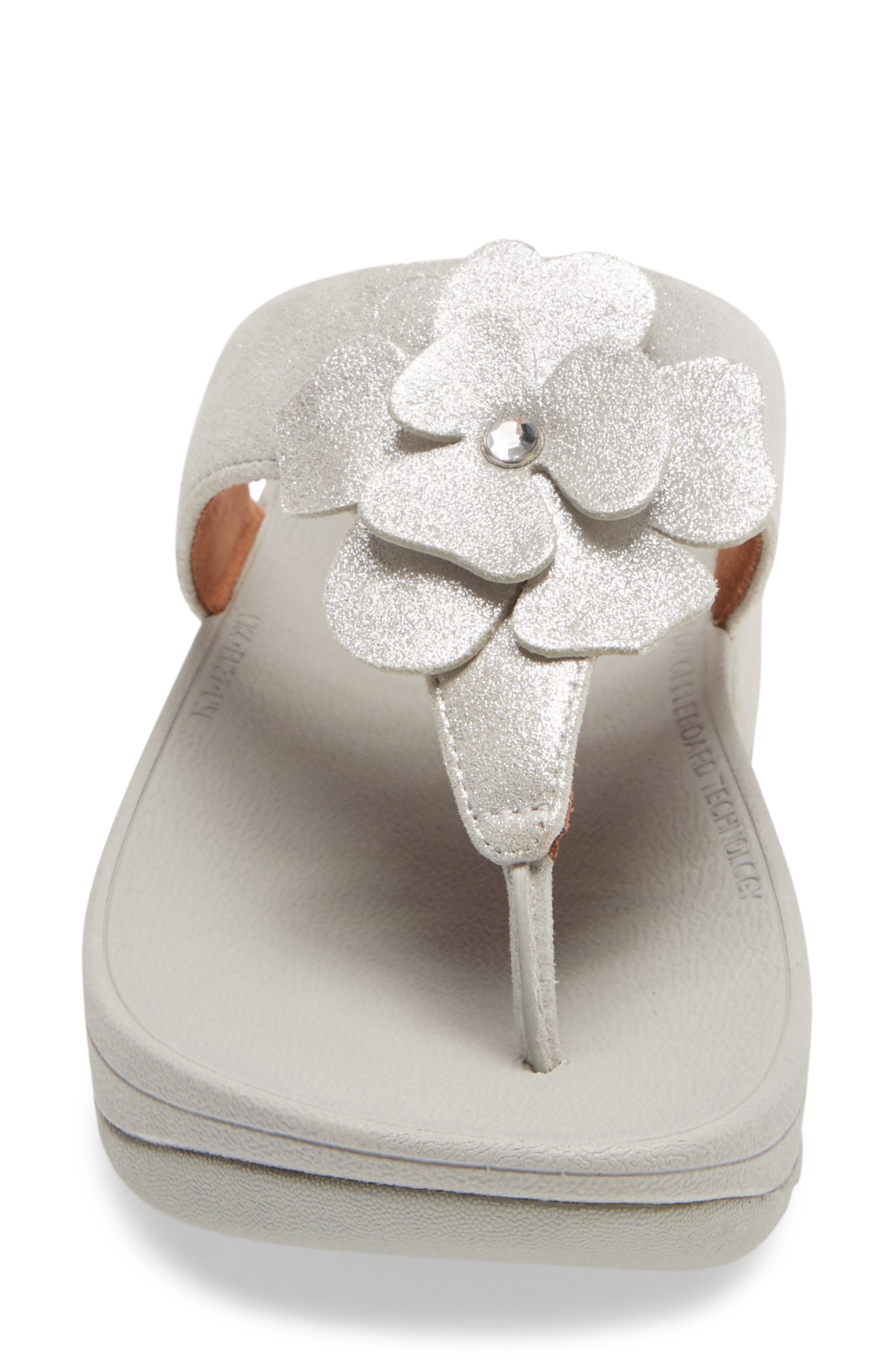Lottie Crystal Flower Wedge Flip Flop, Alternate, color, SILVER LEATHER