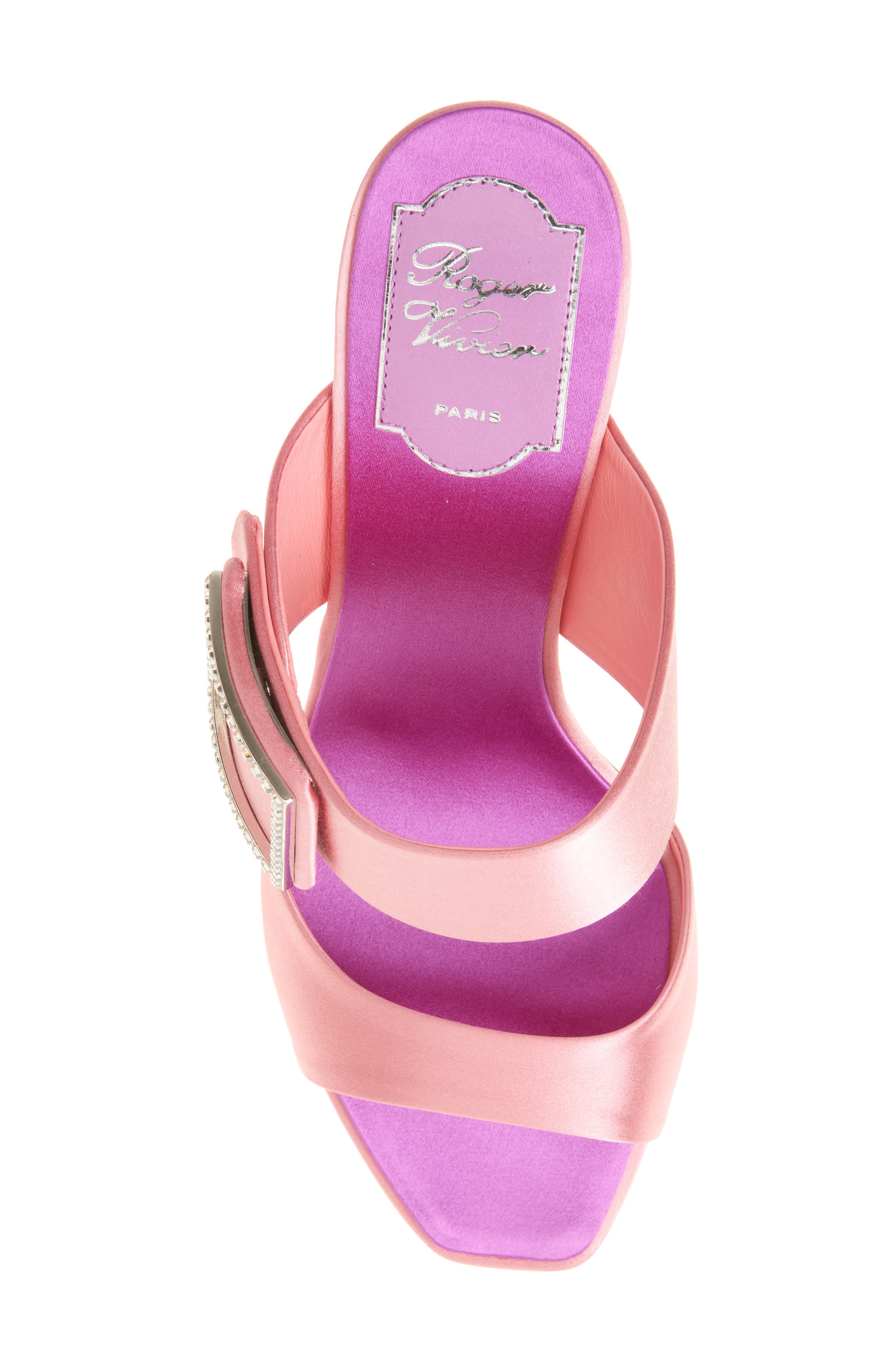 Roger Vivier Trompette Crystal Buckle Satin Sandal, Alternate, color, Rosa Antico Chiaro
