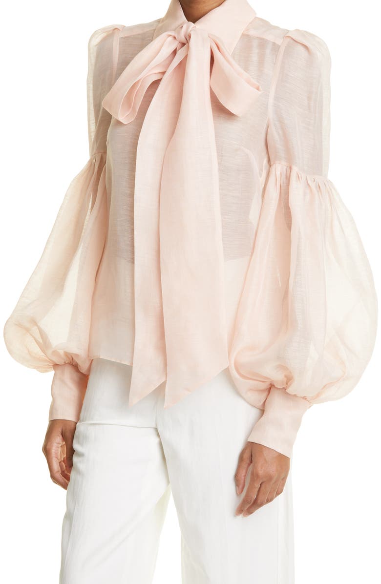 Zimmermann Dancer Tie Neck Linen & Silk Organza Blouse, Alternate, color,