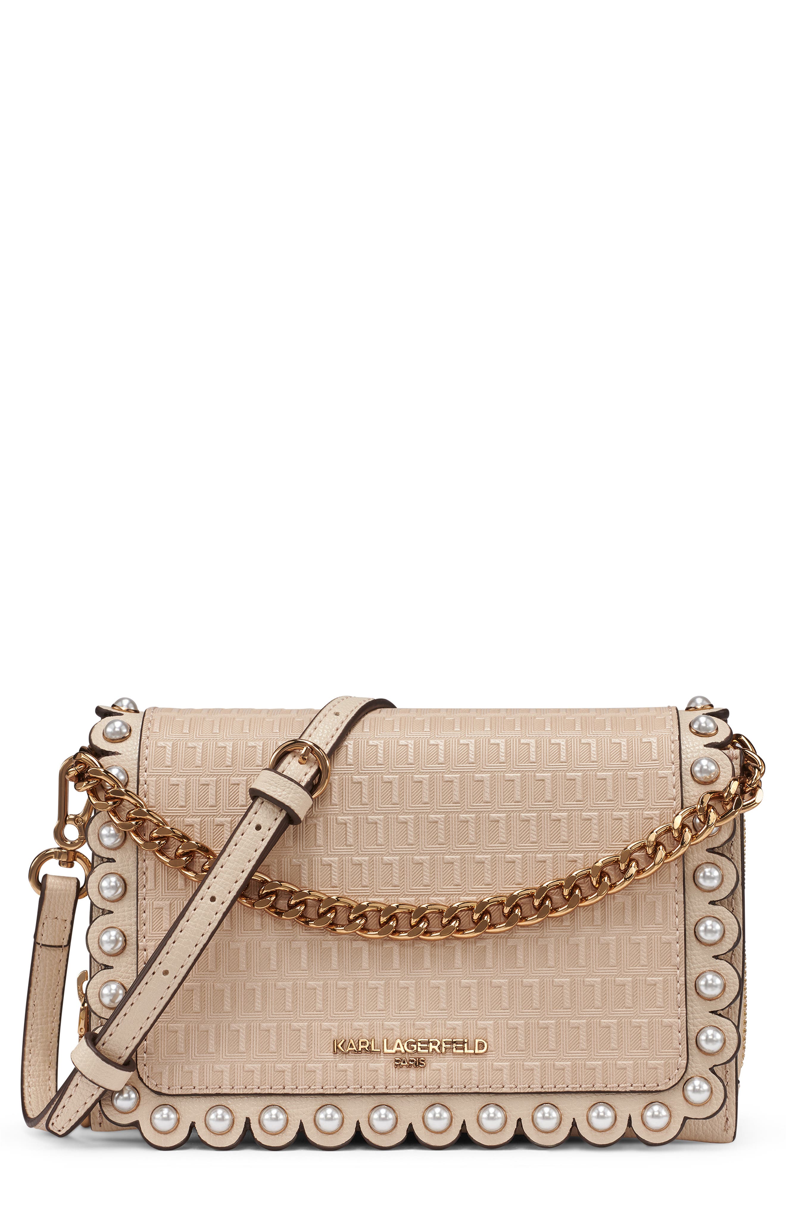 KARL LAGERFELD PARIS Lourdes Leather Crossbody, Main, color, Brie