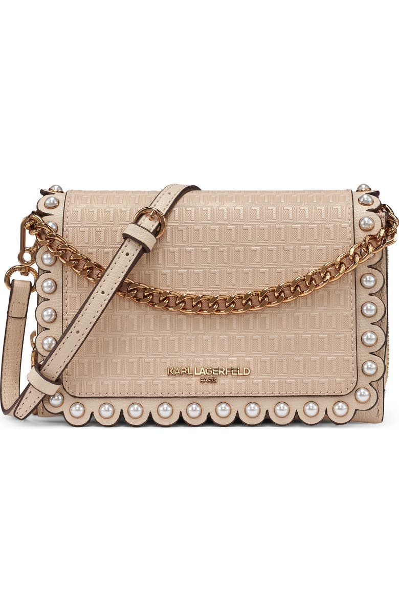 KARL LAGERFELD PARIS Lourdes Leather Crossbody, Main, color, Brie