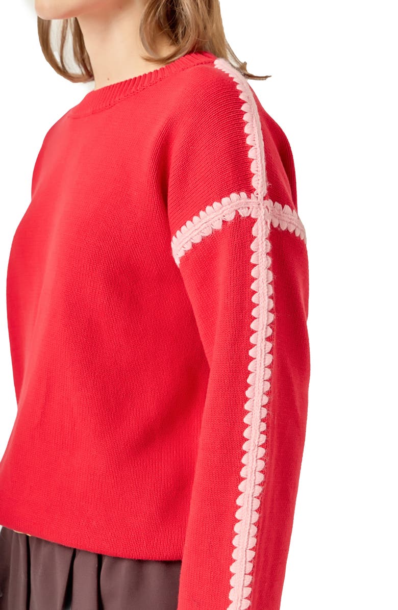 English Factory Stitch Detail Relaxed Fit Cotton Sweater, Alternate, color, Red/ Pink