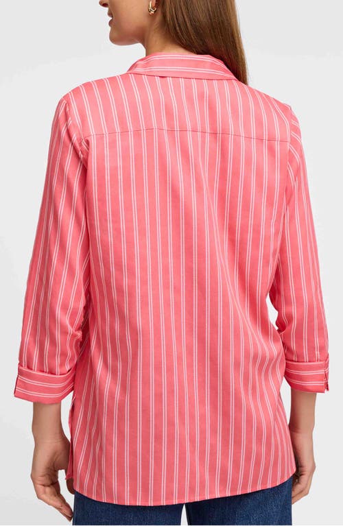 Foxcroft Evelyn Stripe Three-quarter Sleeve Cotton Button-up Shirt In Pink