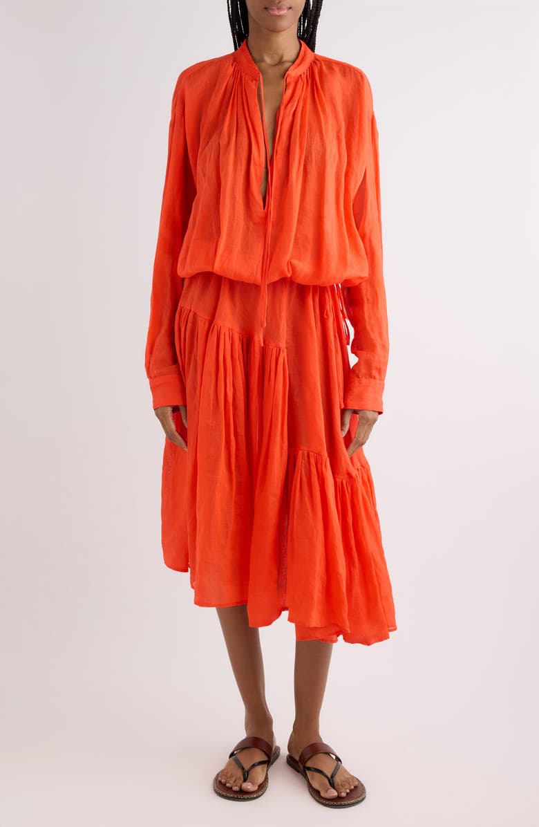 Dries Van Noten Long Sleeve Ramie Mousseline Split Neck Dress, Main, color, Red