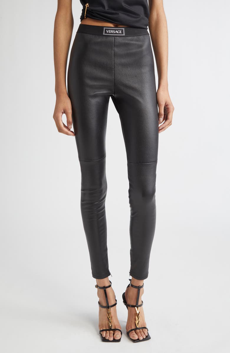 Versace Stretch Plongé Leather Leggings, Main, color, Black