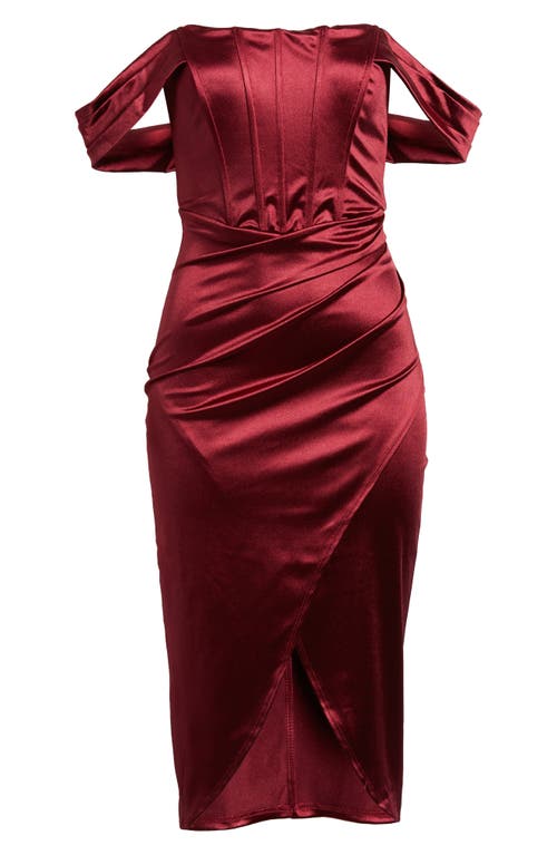 Emerald Sundae Off The Shoulder Satin Midi Dress In Burgundy
