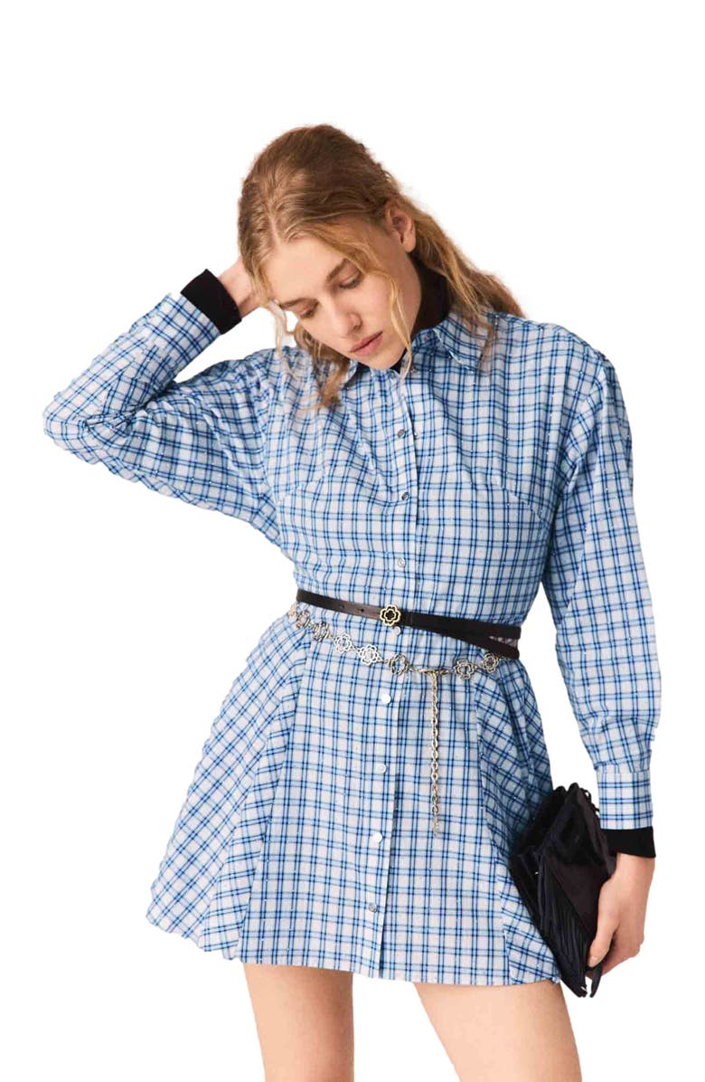 maje Rhinestone-trim cotton shirt dress, Alternate, color, Blue Check Print