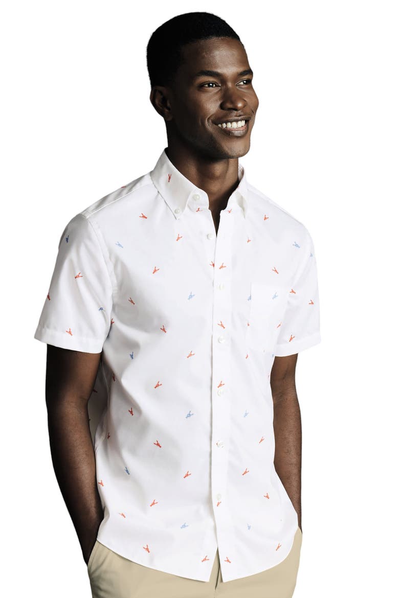 Slim Fit Multi Button-Down Collar Non-Iron Lobster Print Short Sleeve Shirt, Main, color, Orange