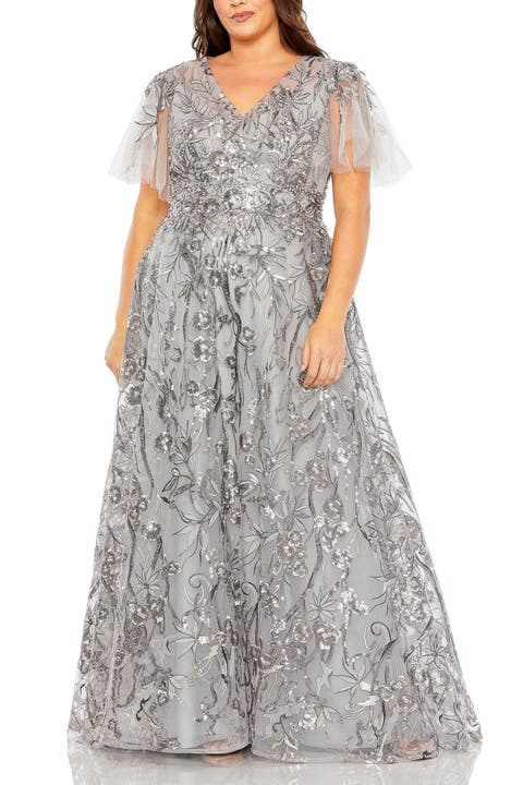 High Neck Flutter Sleeve Embellished A-Line Gown
