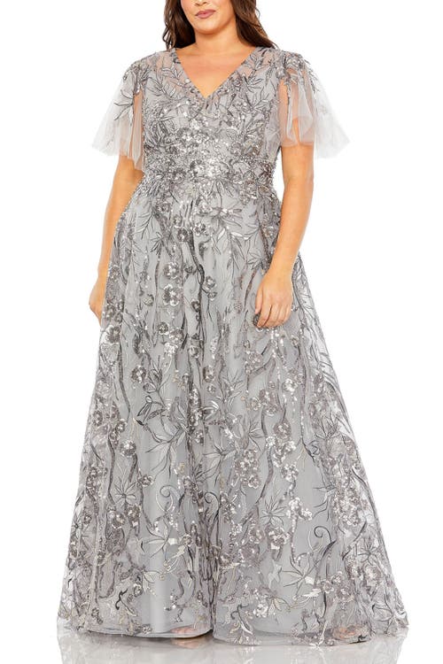 Mac Duggal High Neck Flutter Sleeve Embellished A-line Gown In Platinum