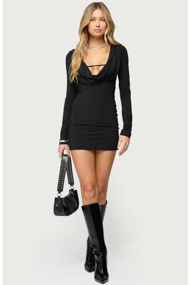 Nairobie Cowl Neck Long Sleeve Minidress, Alternate, color, BLACK