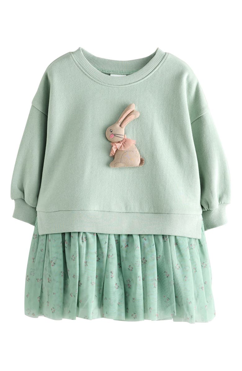 NEXT Kids' Bunny Appliqué Sweatshirt Party Dress, Main, color, Green