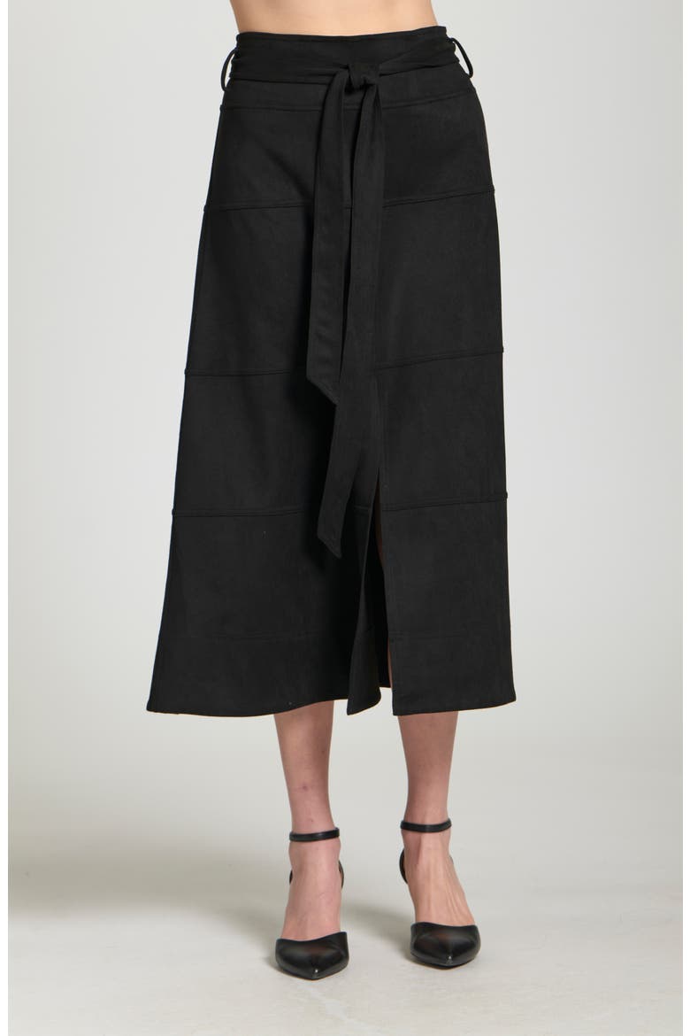 Faux Suede Paneled A-Lined Midi Skirt, Main, color, BLACK