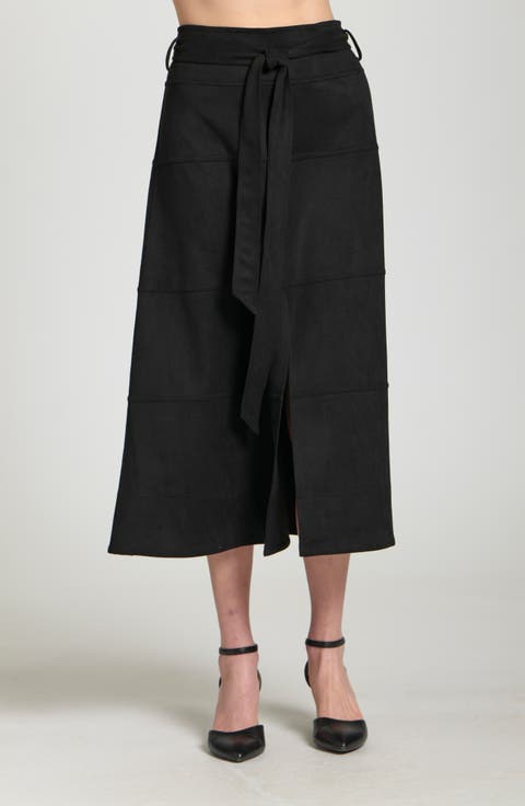 Faux Suede Paneled A-Lined Midi Skirt