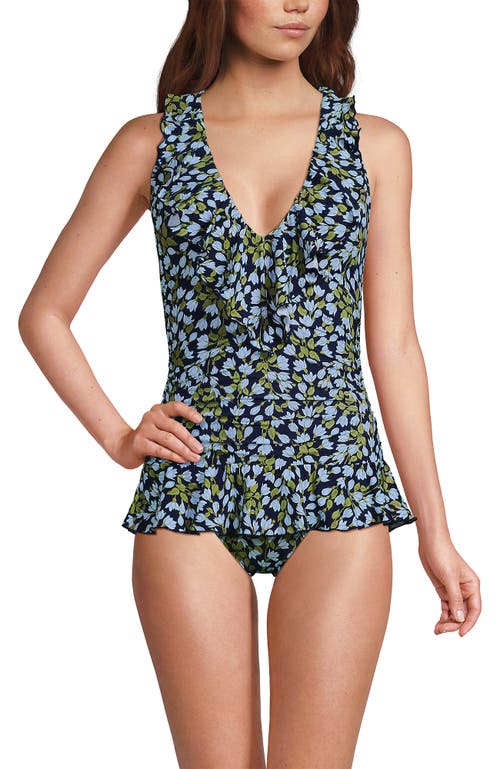 Lands' End Ruffle Plunge Skirted High Leg One Piece In Multi