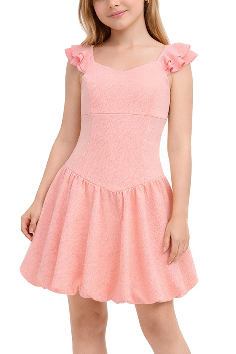 Kids' Flutter Sleeve Bubble Hem Party Dress, Alternate, color, CORAL