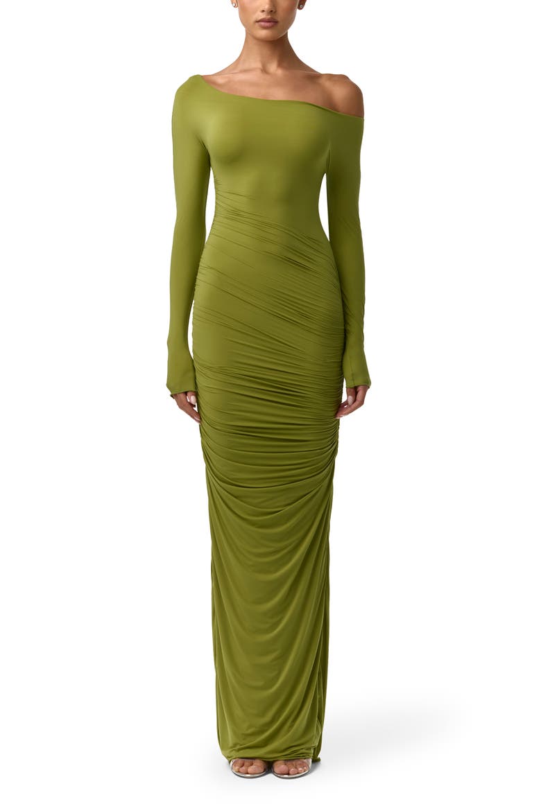 Ruched Off the Shoulder Long Sleeve Maxi Dress, Main, color, MOJITO