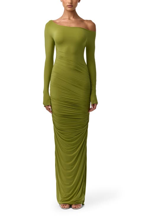 Ruched Off the Shoulder Long Sleeve Maxi Dress