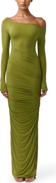 Naked Wardrobe Ruched Off the Shoulder Long Sleeve Maxi Dress