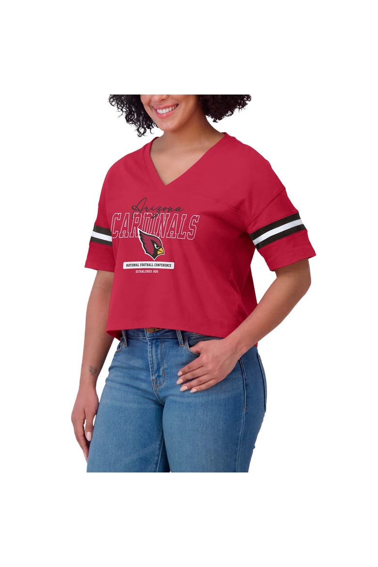 Women's WEAR by Erin Andrews Cardinal Arizona Cardinals Color Block Boxy Modest Crop V-Neck T-Shirt, Alternate, color, Cardinal