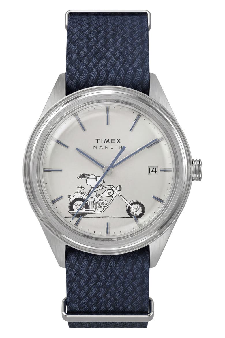 Peanuts Marlin Jet Easy Rider Fabric Strap Watch, Main, color, BLUE