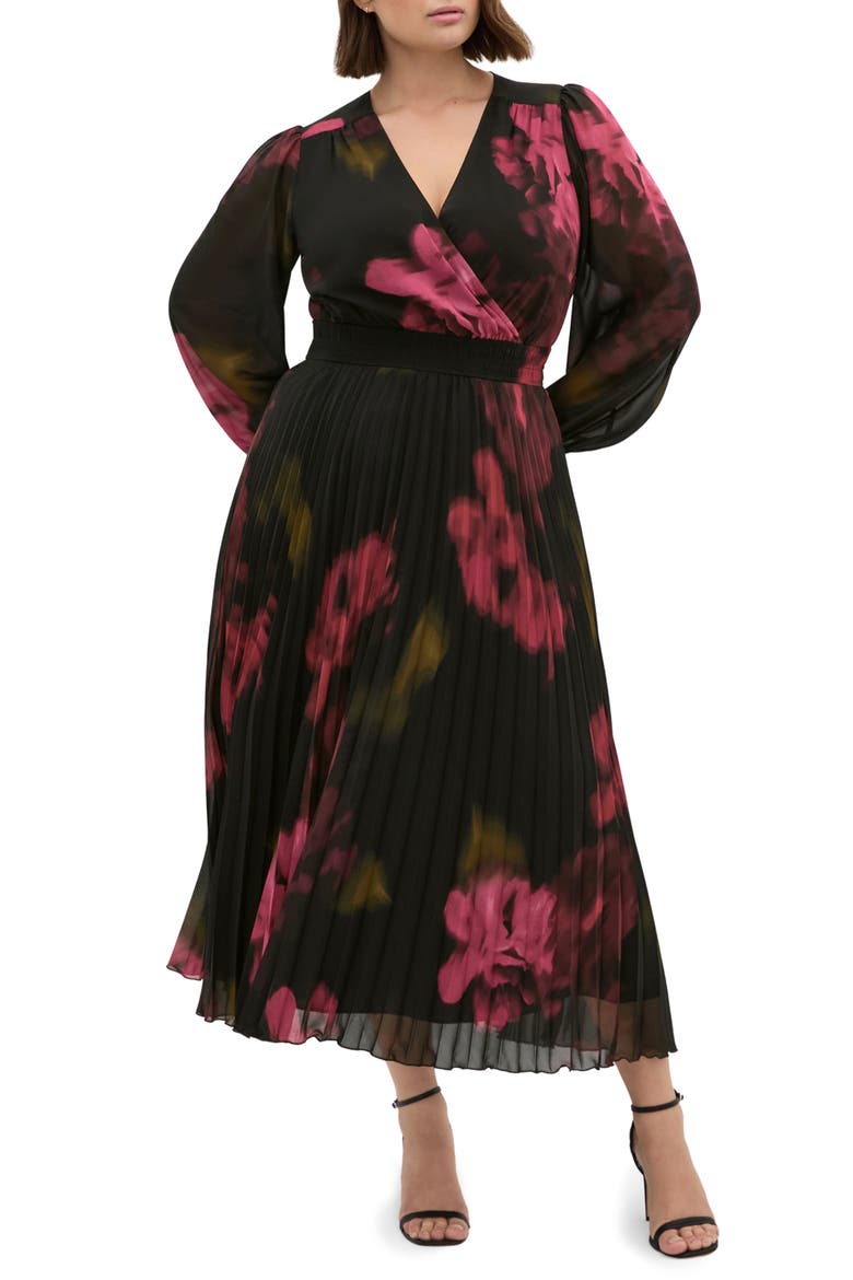 Georgina Pleated Long Sleeve Chiffon Faux Wrap Maxi Dress, Main, color, VIVID GARDEN