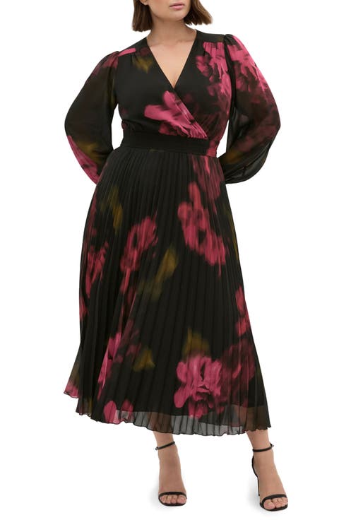 Georgina Pleated Long Sleeve Chiffon Faux Wrap Maxi Dress (Plus)