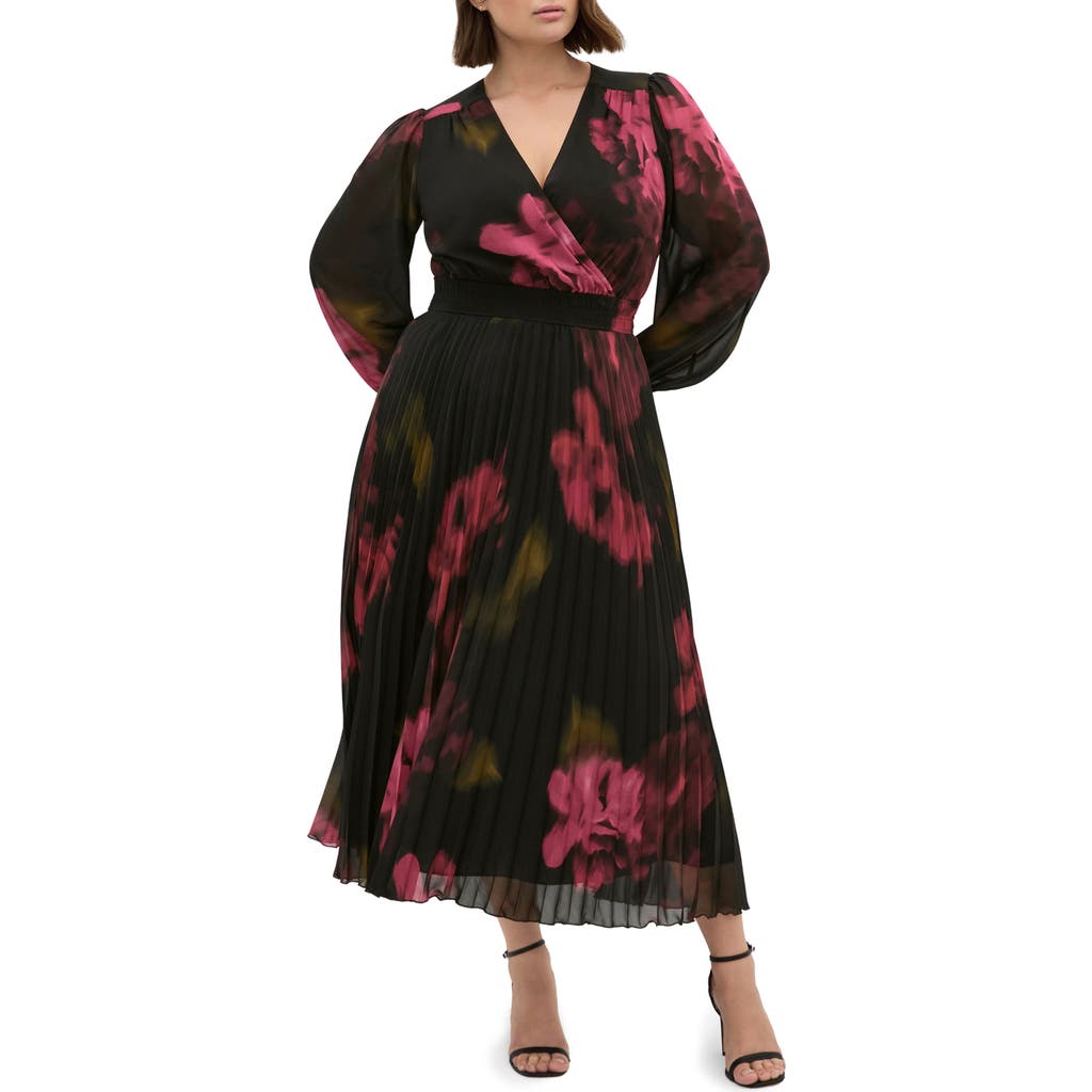 City Chic Georgina Pleated Long Sleeve Chiffon Faux Wrap Maxi Dress In Black