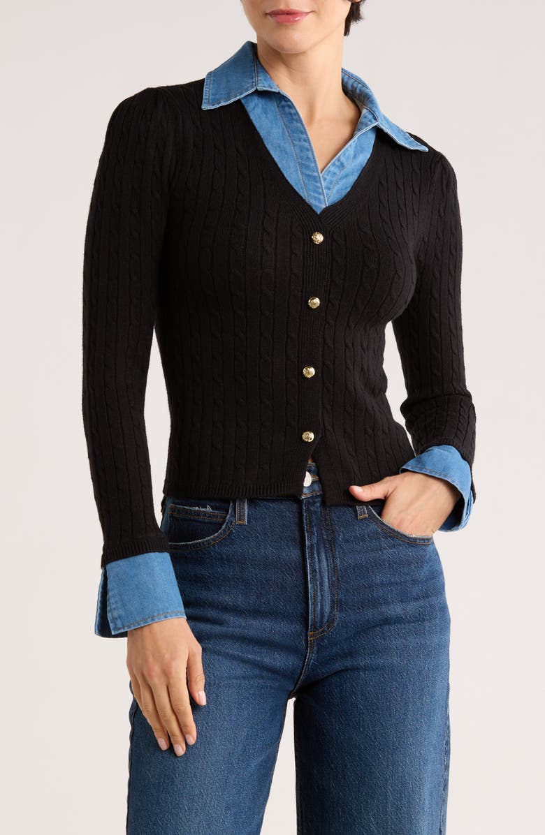 Ellen Tracy Denim Trim Button Front Cardigan, Main, color, 