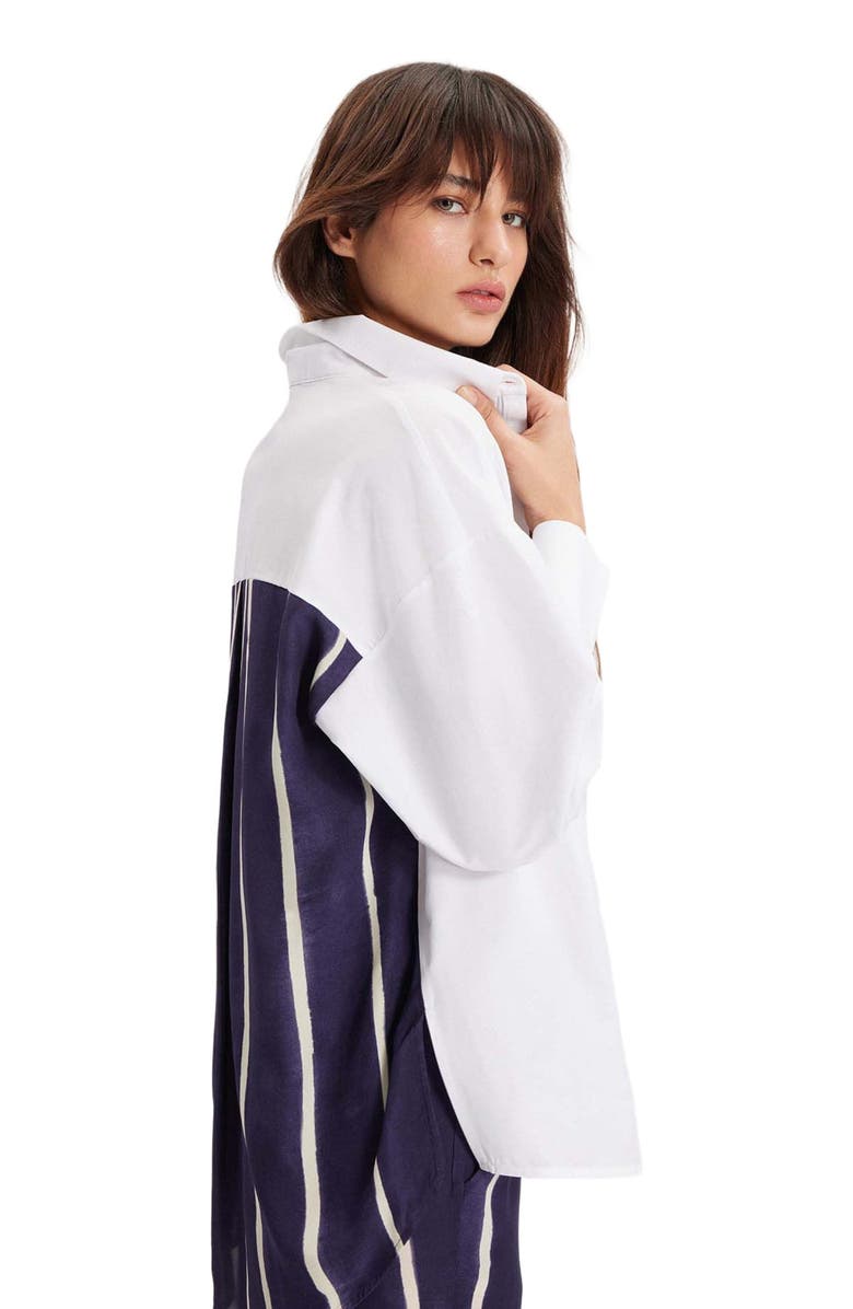 THEO The Label Echo Selena-Print Back Banker Shirt, Alternate, color, Future Dusk