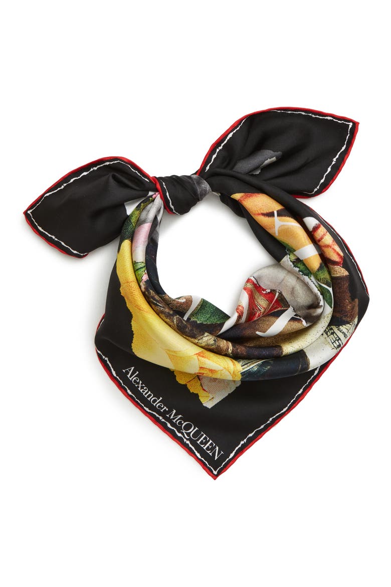 Alexander McQueen Torn Print Silk Bandana, Alternate, color, 1078 BLACK/ IVORY