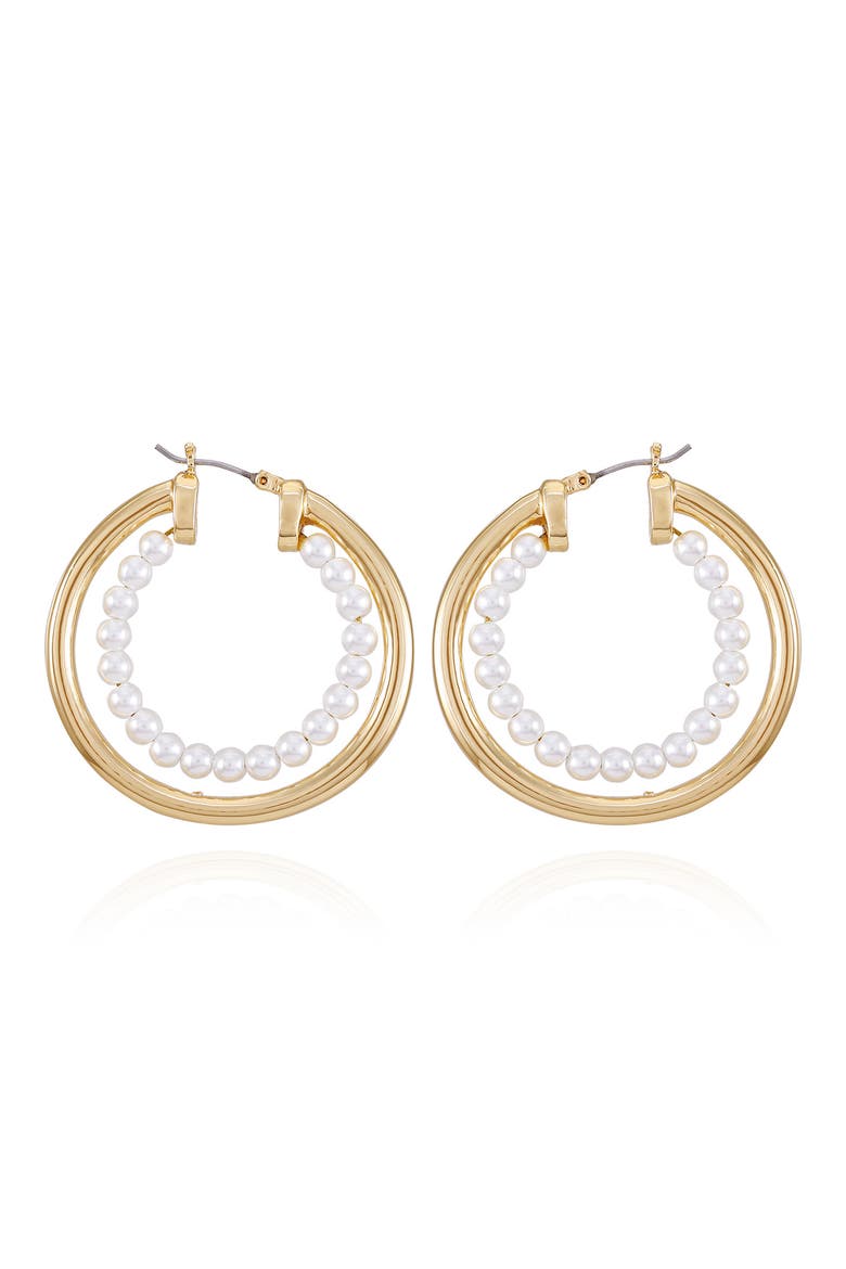 Imitation Pearl Hoop Earrings, Main, color, GOLDTONE