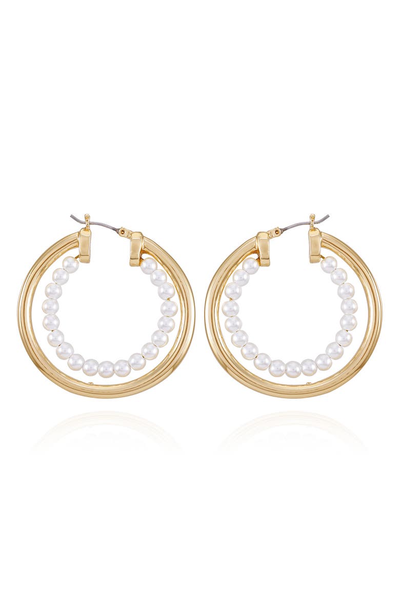 Vince Camuto Imitation Pearl Hoop Earrings, Main, color, Goldtone