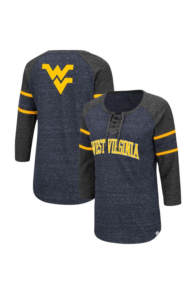 Women's Colosseum Navy/Heathered Charcoal West Virginia Mountaineers Scienta Pasadena Raglan 3/4 Sleeve Lace-Up T-Shirt, Alternate, color, Navy