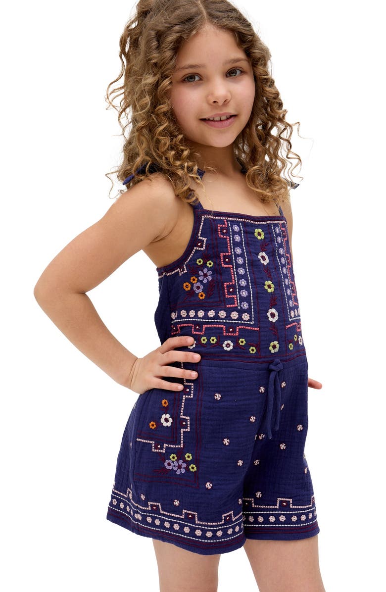 Raffya Kids Sailor Necktie All Over Embroidered Romper, Alternate, color, Navy
