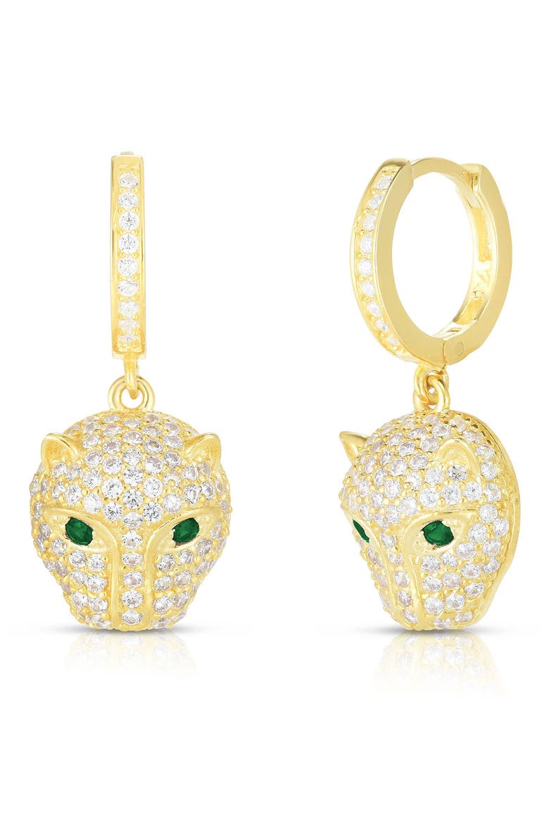 Pavé Cubic Zirconia Panther Drop Huggie Hoop Earrings, Main, color, GOLD