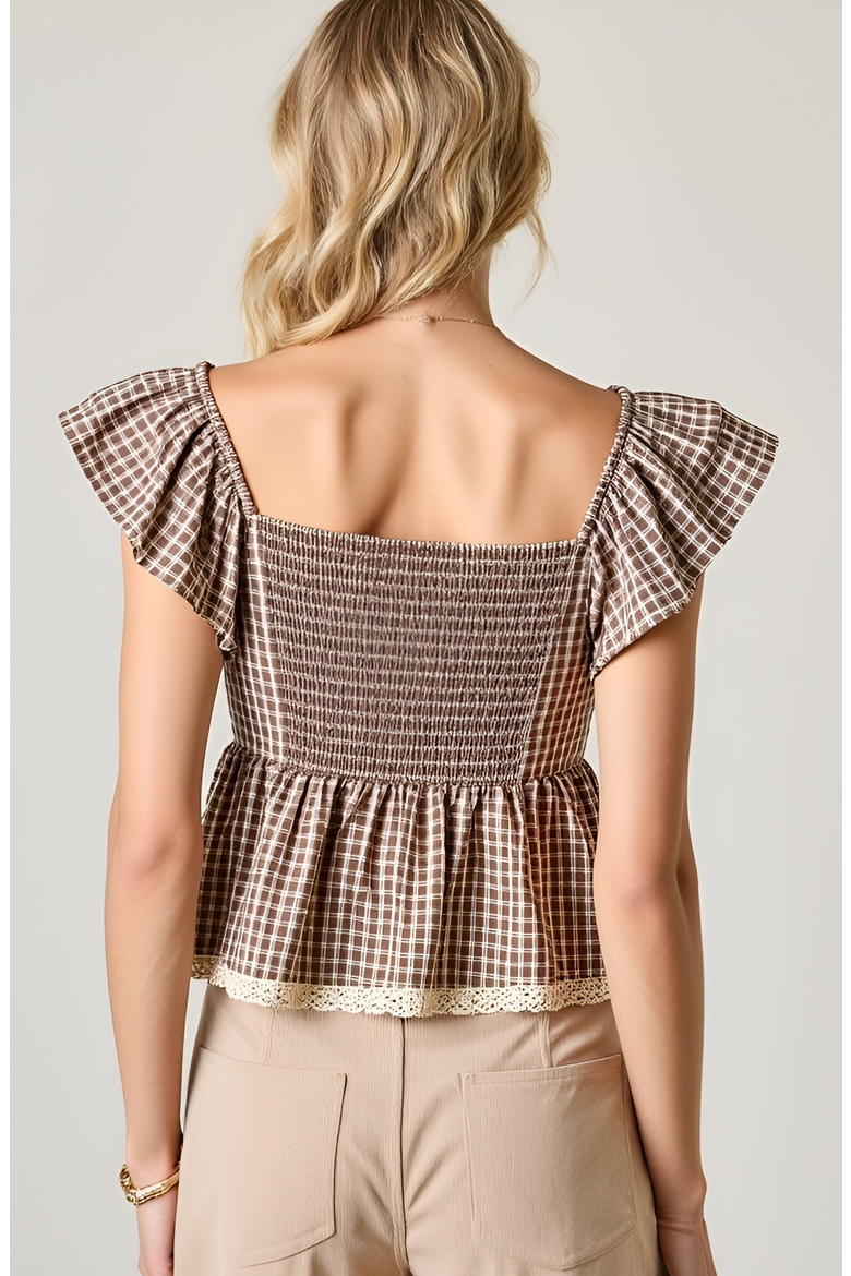 Gingham Peplum Top with Flutter Sleeves and Front Tie Detail, Alternate, color, Gingham