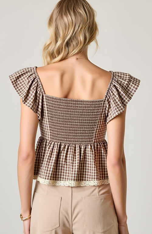 Modenaire Gingham Peplum Top With Flutter Sleeves And Front Tie Detail In Brown
