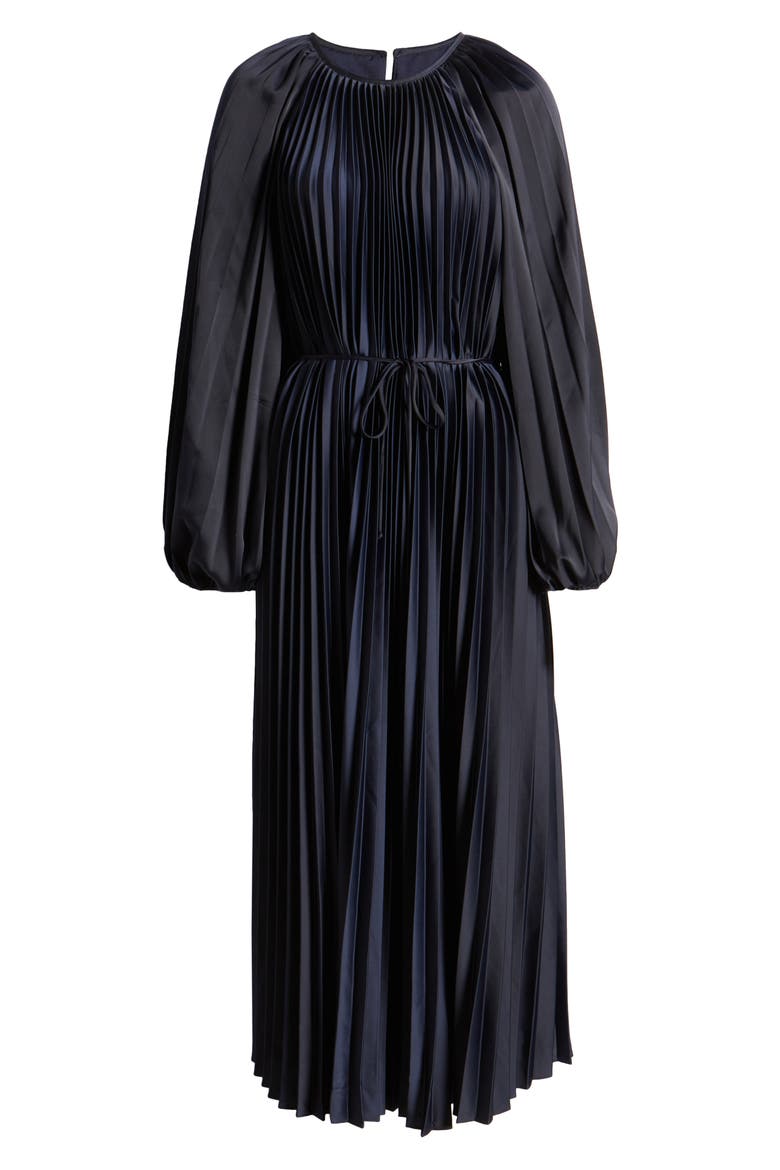 Pleated Long Sleeve Midi Dress, Alternate, color, NAVY