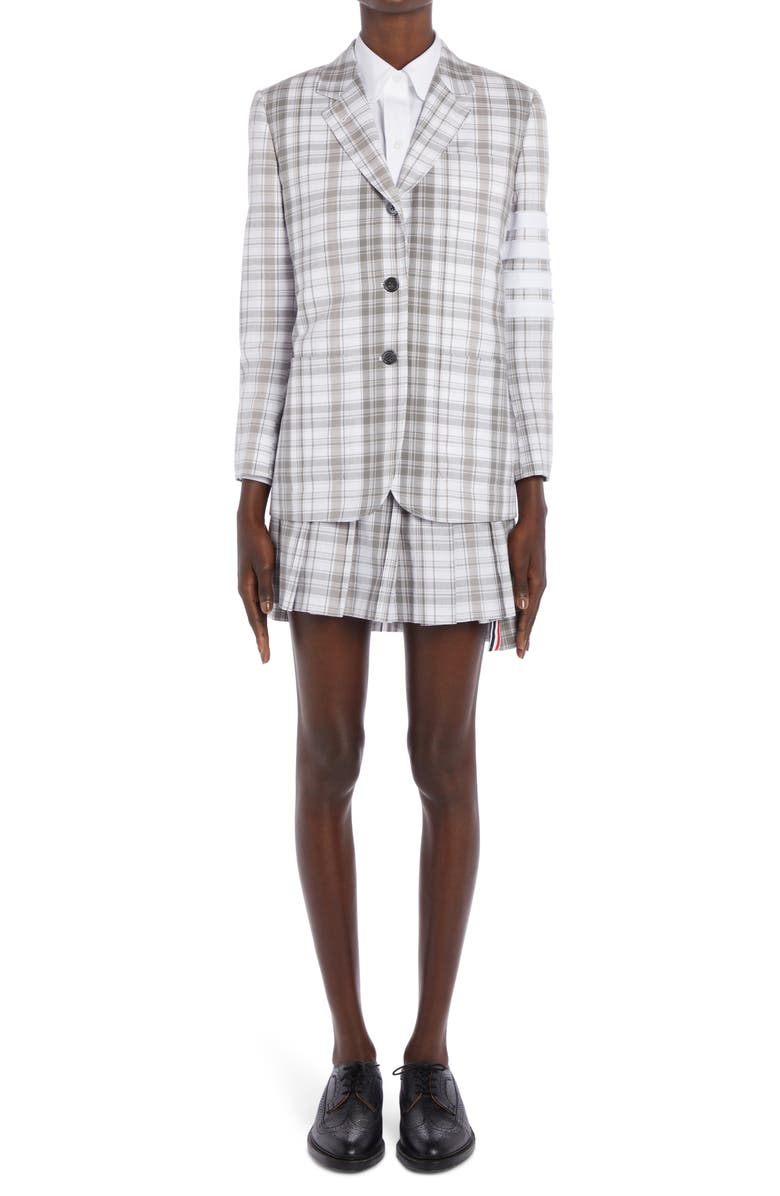 Thom Browne 4-Bar Plaid Drop Back Pleated Cotton Oxford Miniskirt, Alternate, color, 