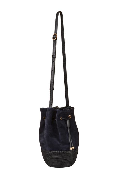Cesta Collective Suede And Sisal Drawstring Bucket Bag In Navy