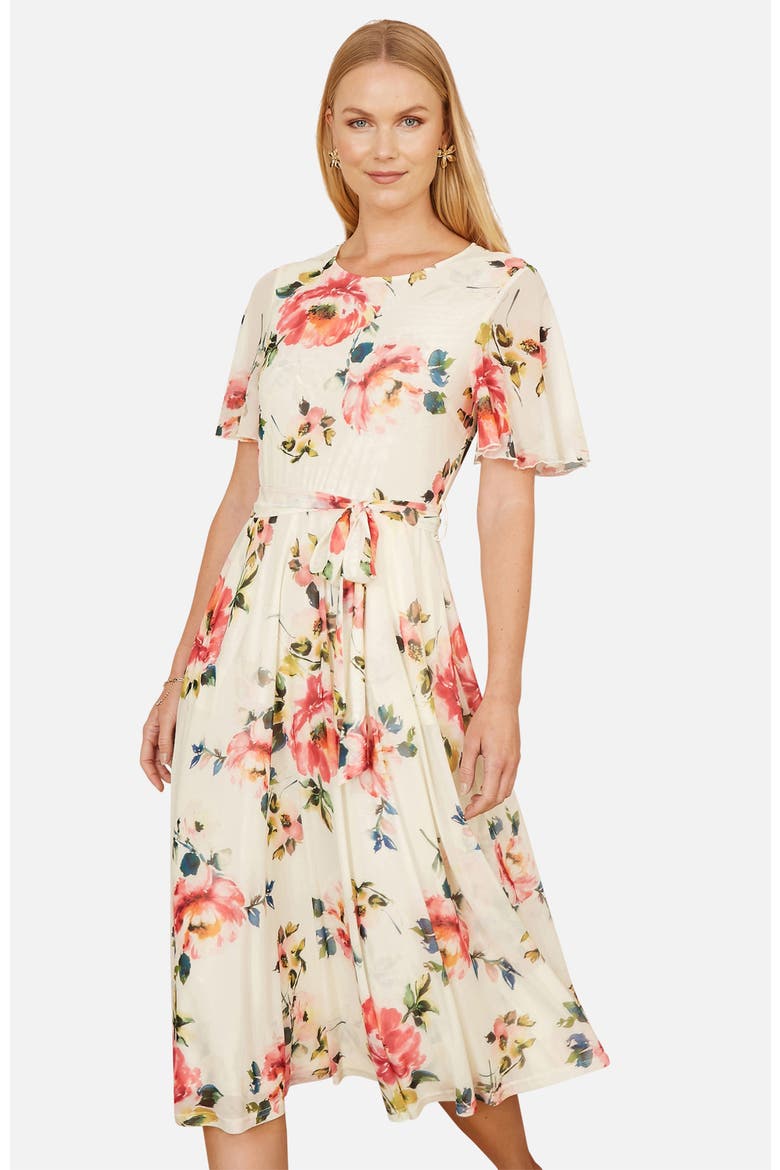 Mesh Floral Print Midi Dress, Alternate, color, Ivory