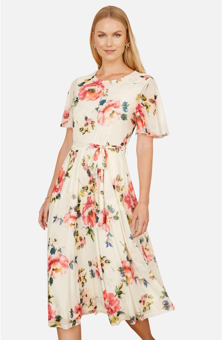 Yumi Mesh Floral Print Midi Dress, Alternate, color, Ivory