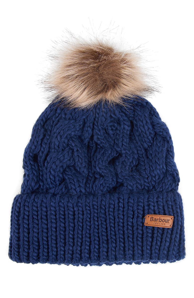 Barbour Penshaw Faux Fur Pom Beanie, Main, color, 