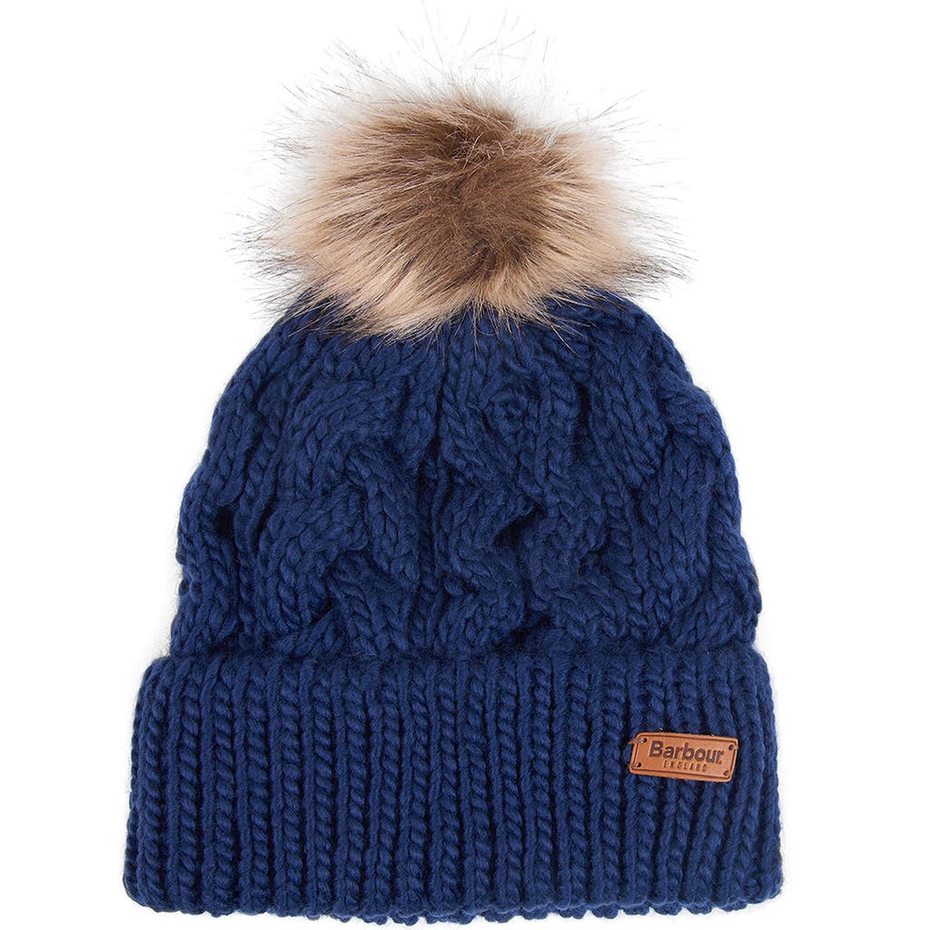 Barbour Penshaw Faux Fur Pom Beanie In Blue
