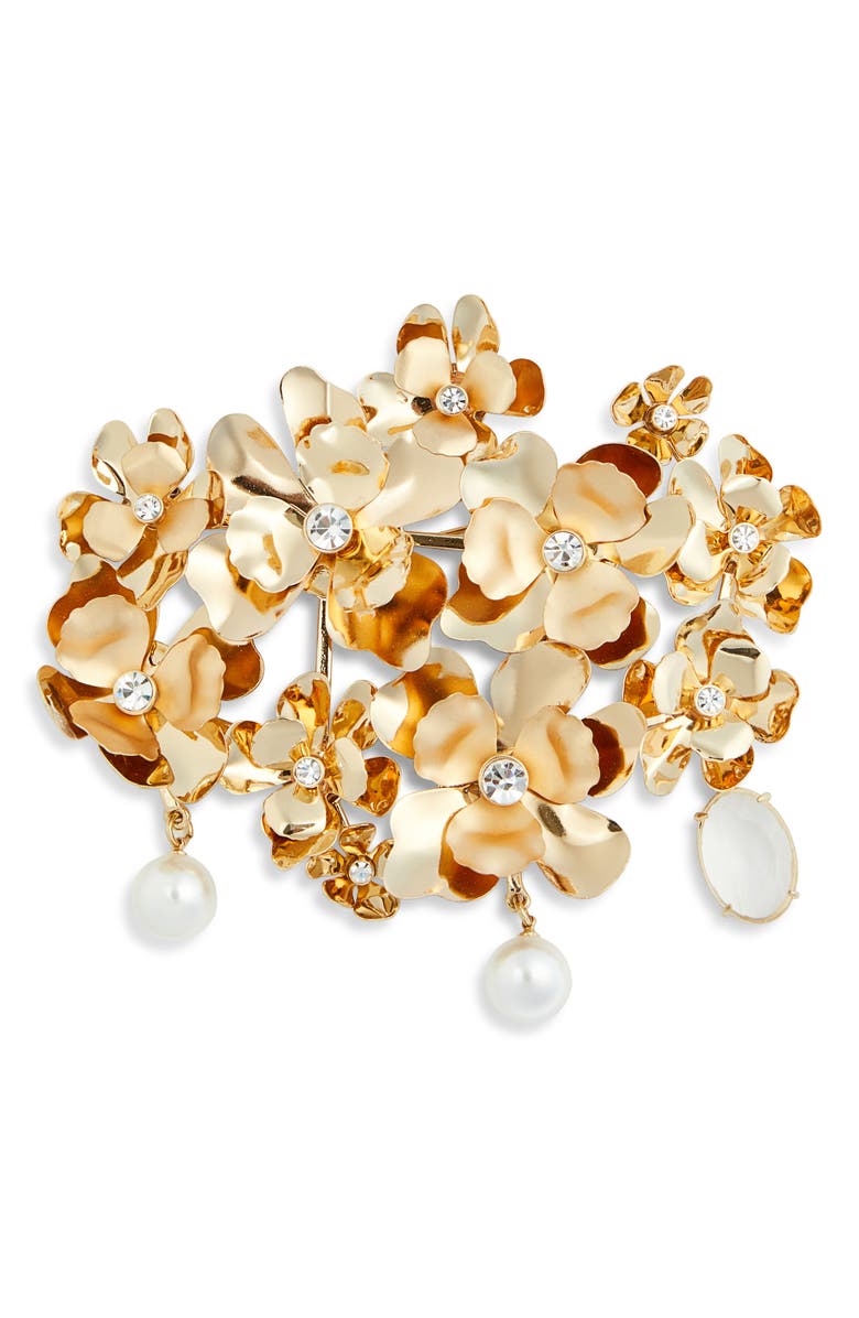 Carolina Herrera Crystal Embellished Metal Flower Brooch, Main, color, 