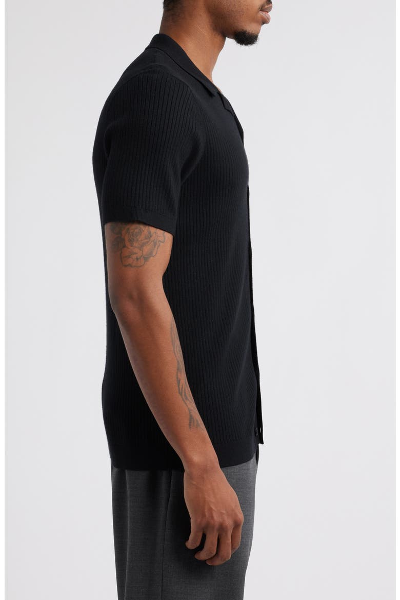 Ribbed Short Sleeve Camp Collar Cardigan, Alternate, color, BLACK