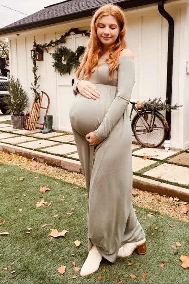 Off Shoulder Long Sleeve Maxi Dress, Alternate, color, Light Olive
